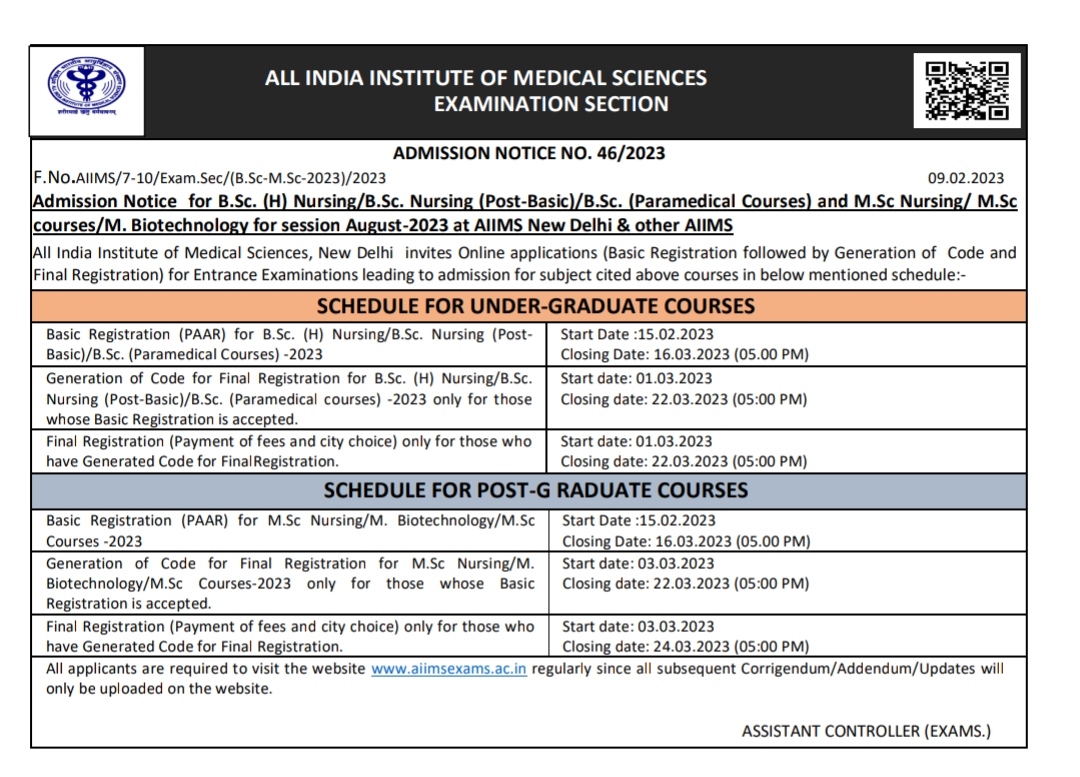 Aiims delhi Bsc nursing, Post basic nursing, Paramedical courses application form 202324